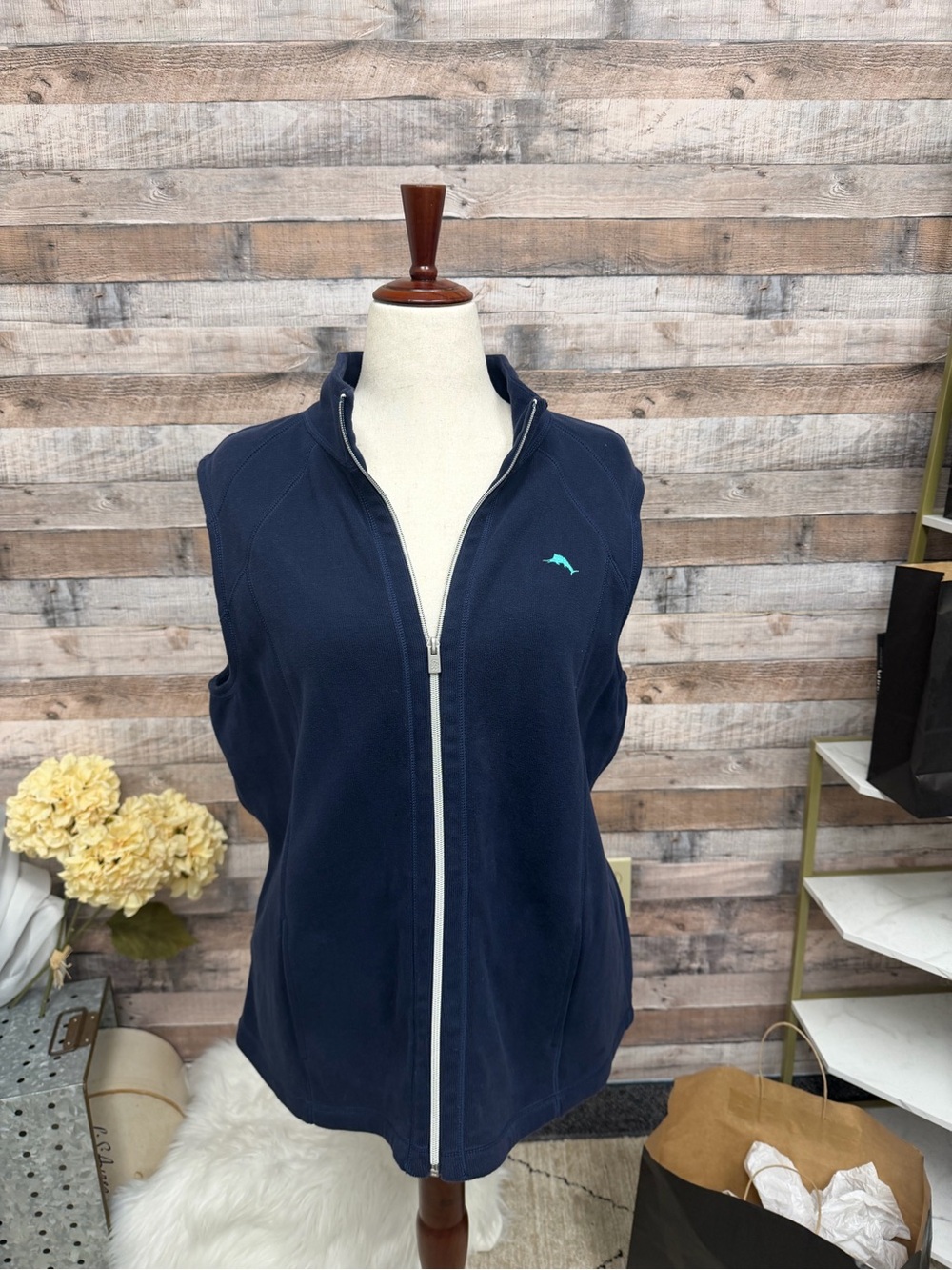 Tommy Bahama Navy Sleeveless Zip-Up Vest with Aqua Dolphin Accent